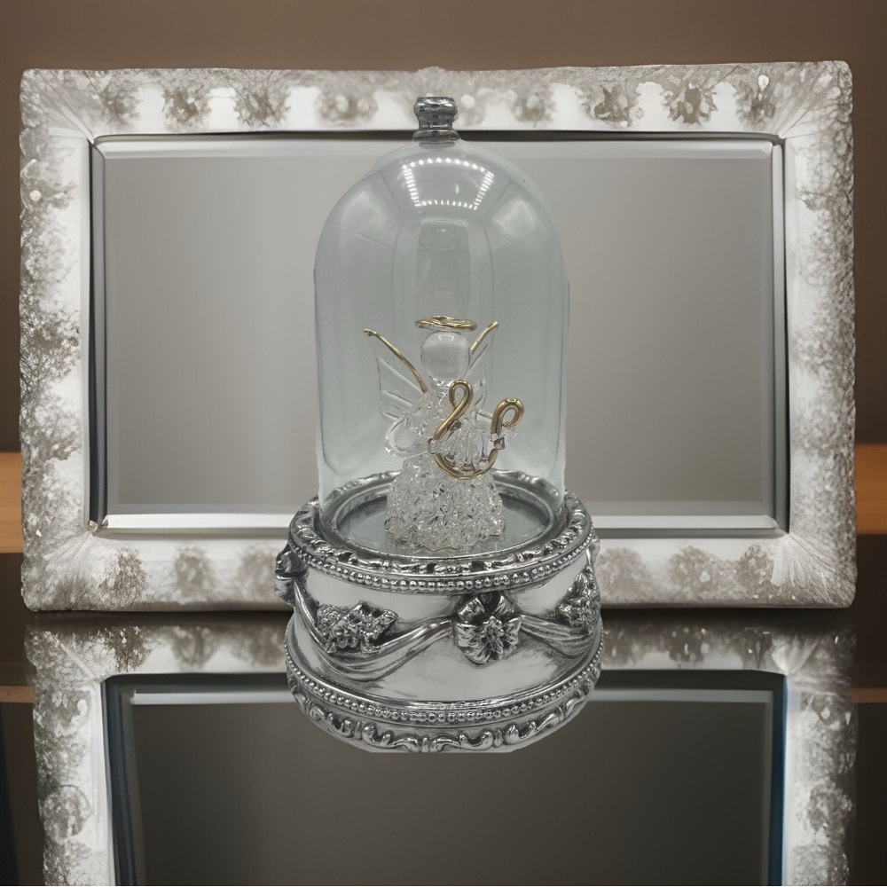 International Silver Co Silverplate & Spun Glass Angel in Dome Music Box VTG
